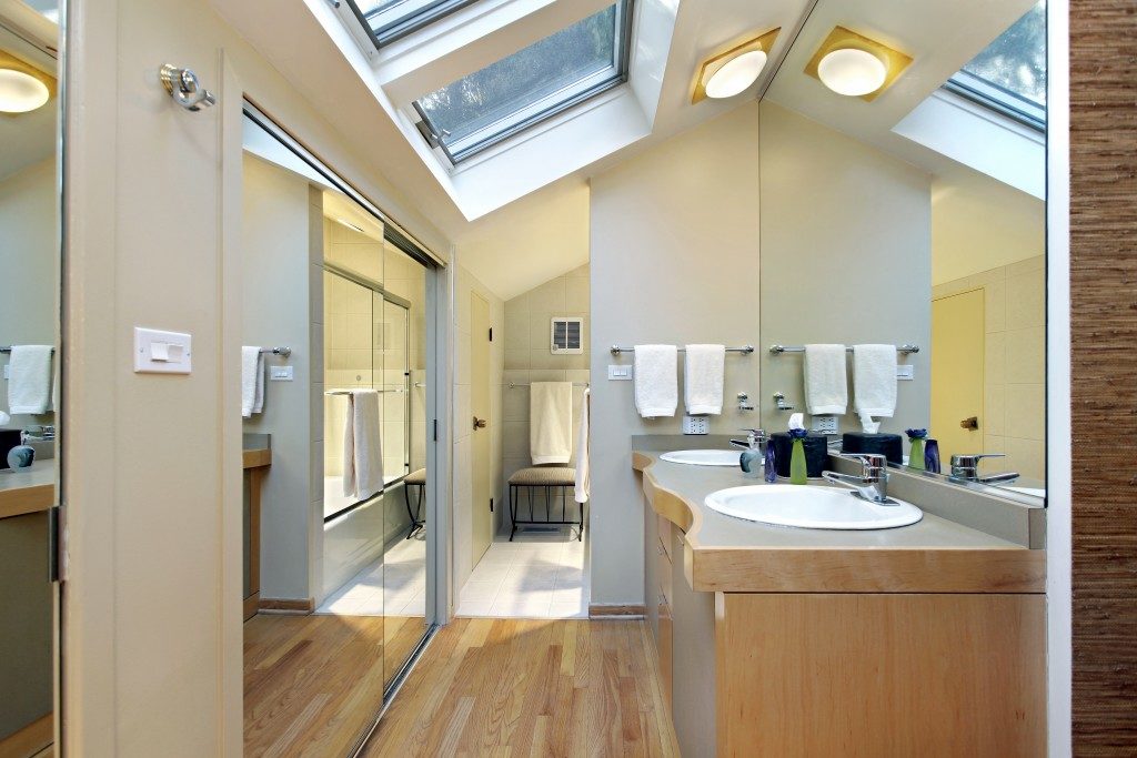 Master bath in suburban home with skylights