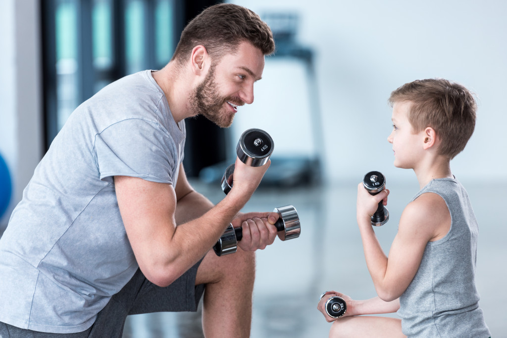 father and son working out