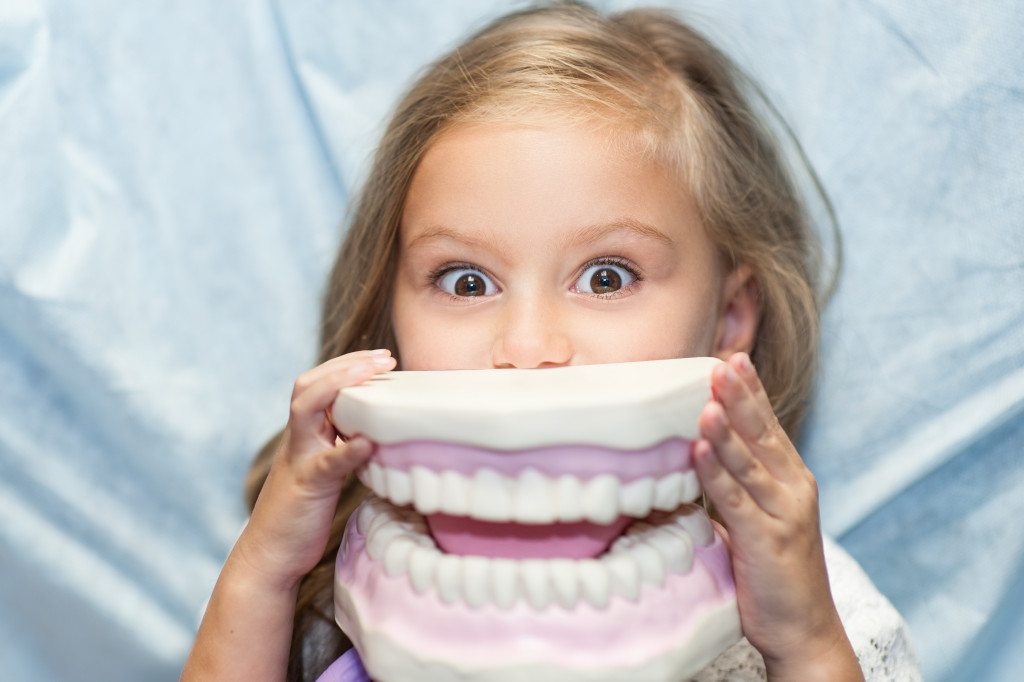 a female kid holding a 3D model teeth