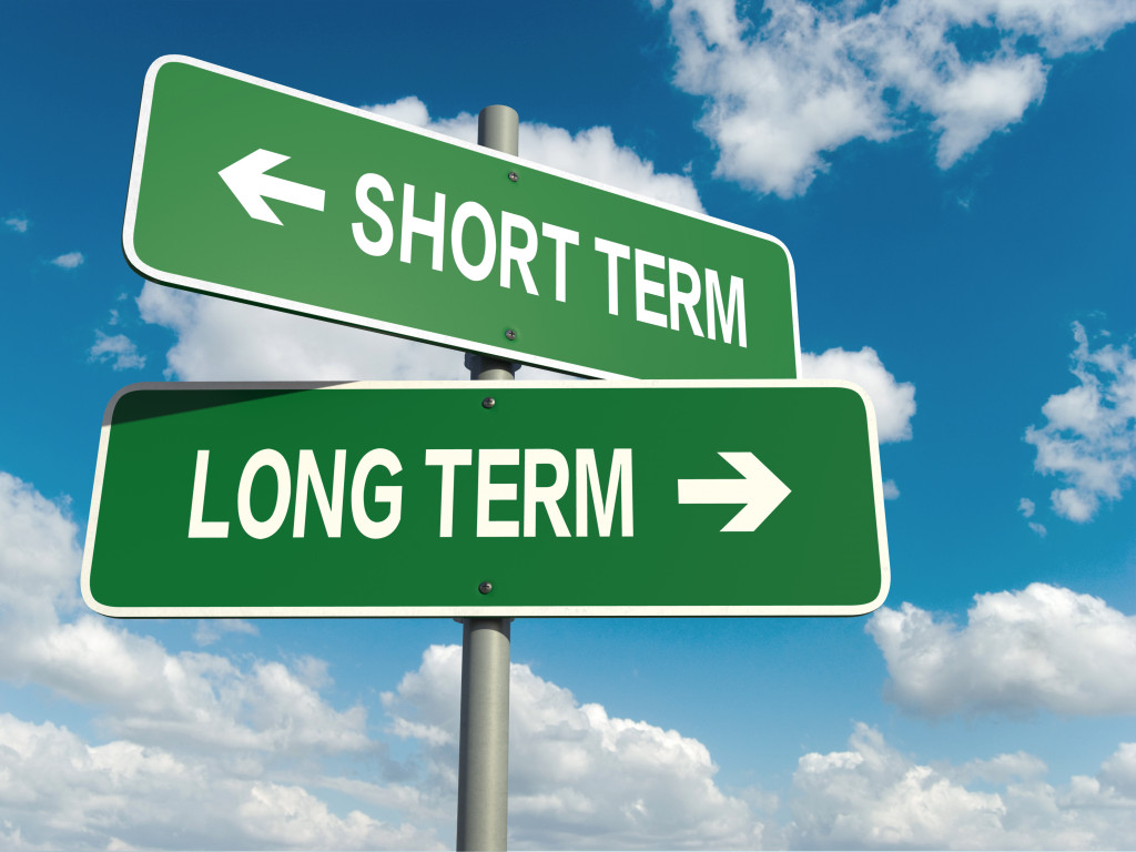 Two signs indicating SHORT TERM and LONG TERM with opposite arrows
