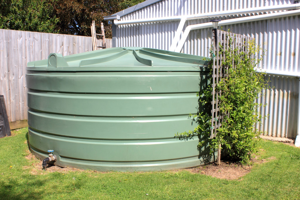 big green rainwater collection tank in the outdoors